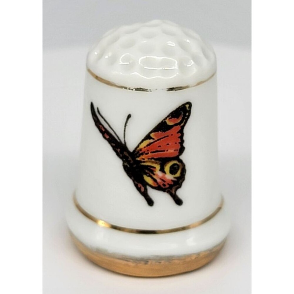 Butterfly Porcelain Thimble Gold Trim Sewing Collectible White Orange Vintage